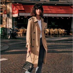 Sezane Scott Trench Coat Tie Belt Back Slit Buttons Collared Camel FR 38 S US 6